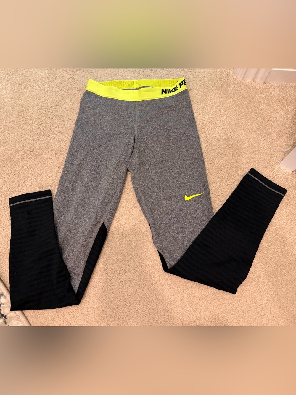 Nike Gray, Black & Neon Yellow Performance Leggings
